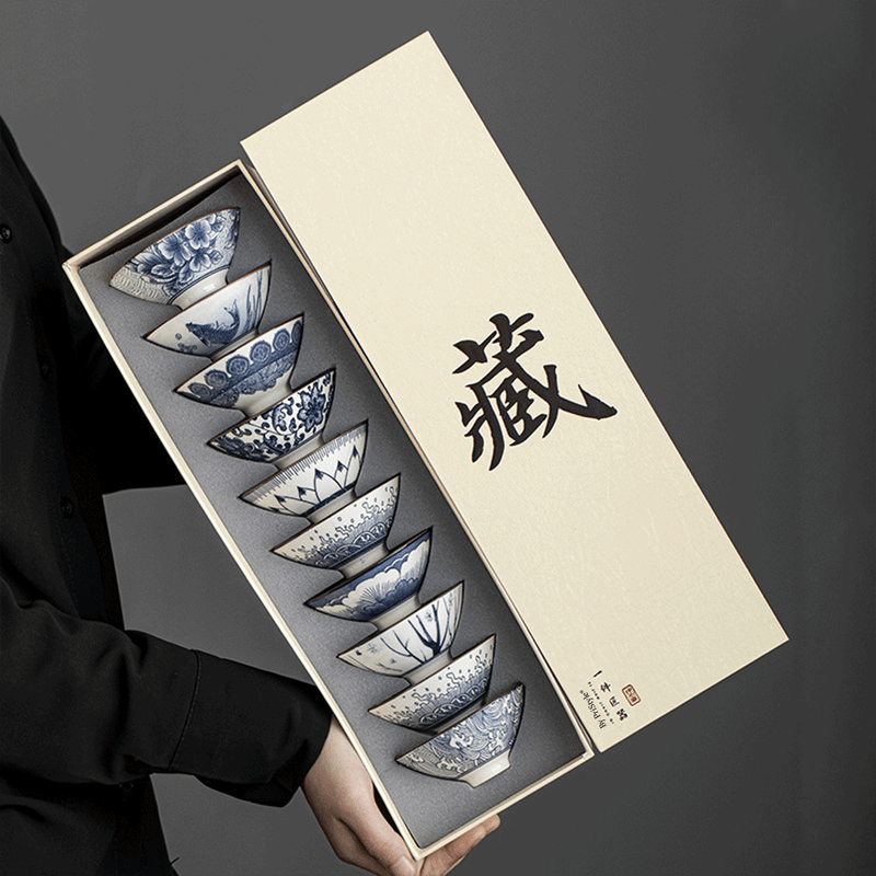 Casa si Gradina - Bucatarie si vesela - Cani si pahare - Cani si cesti - Set 10 Cesti Ceramice Premium Stil Asiatic, Modele Albastre Traditionale - Infinity.ro