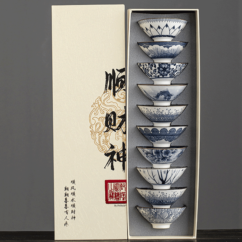 Casa si Gradina - Bucatarie si vesela - Cani si pahare - Cani si cesti - Set 10 Cesti Ceramice Premium Stil Asiatic, Modele Albastre Traditionale - Infinity.ro