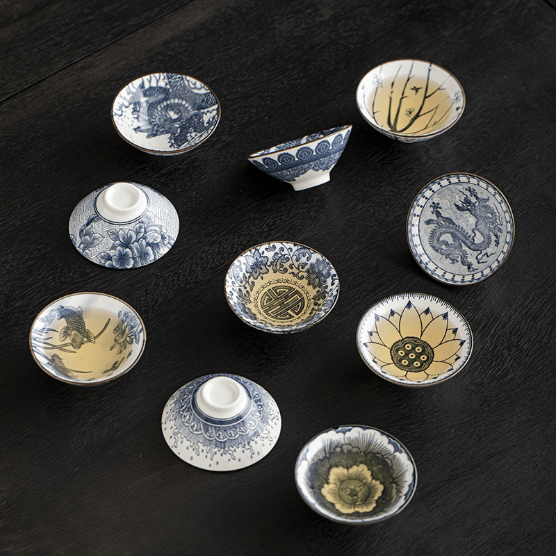 Casa si Gradina - Bucatarie si vesela - Cani si pahare - Cani si cesti - Set 10 Cesti Ceramice Premium Stil Asiatic, Modele Albastre Traditionale - Infinity.ro