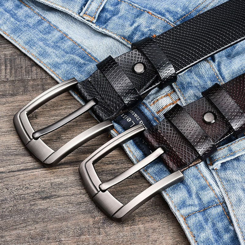 Fashion, accesorii si bijuterii - Barbati - Accesorii barbati - Curele barbati - Set 2 Curele Premium pentru Barbati din Piele de Calitate Superioara si Catarama de Otel, Negru si Maro Texturat, 120cm - Infinity.ro