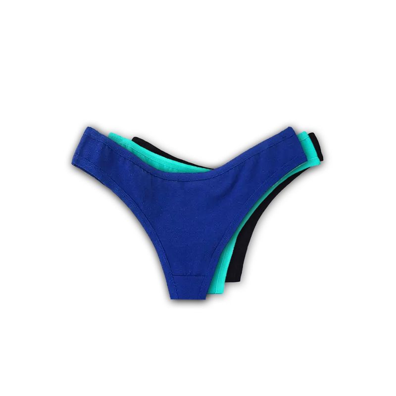 Fashion, accesorii si bijuterii - Femei - Lenjerie si pijamale femei - Lenjerie intima femei - Set 3 Chiloti lenjerie intima Dama tip Tanga, Multicolor 3 Culori, Bumbac 100%, Albastru, Turcoaz, Negru, XS - Infinity.ro
