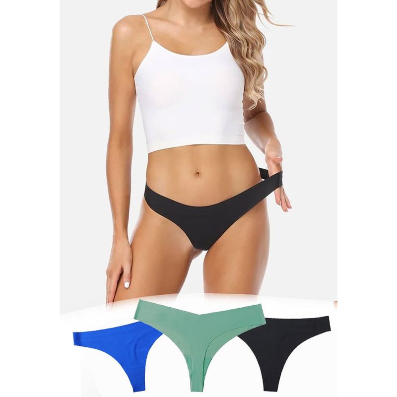 Fashion, accesorii si bijuterii - Femei - Lenjerie si pijamale femei - Lenjerie intima femei - Set 3 chiloti dama Premium din Matase Sintetica, Fara Cusatura tip Tanga, turcoaz, albastru, negru, M, PriStyle® - Infinity.ro