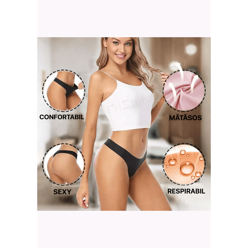 Fashion, accesorii si bijuterii - Femei - Lenjerie si pijamale femei - Lenjerie intima femei - Set 3 chiloti dama Premium din Matase Sintetica, Fara Cusatura tip Tanga, turcoaz, albastru, negru, M, PriStyle® - Infinity.ro