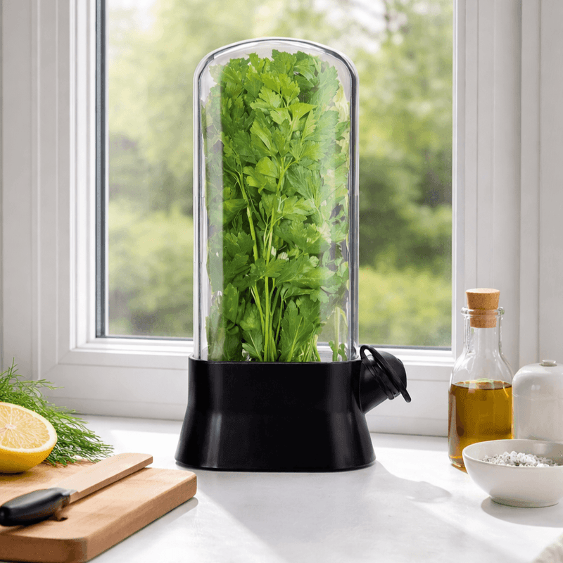 Casa si Gradina - Bucatarie si vesela - Organizare si depozitare bucatarie - Cutii alimentare - Suport pentru Pastrarea Plantelor Proaspete la Frigider cu Capac Transparent, Negru, 27x13 cm - Infinity.ro