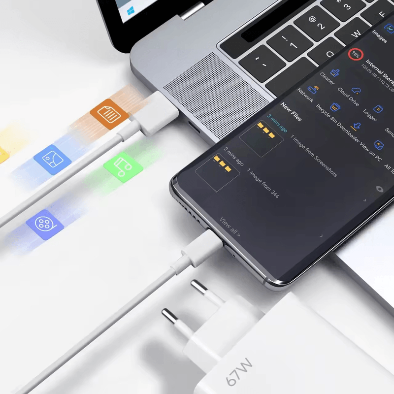 Laptop, Telefoane si Tablete - Telefoane mobile si accesorii - Accesorii Telefoane - Incarcatoare telefoane - Set Incarcator 67W si cablu USB-C la USB-A pentru Telefoane cu mufa USB-C Android si Apple iPhone 15 / 15 Pro /, Alb, 1m - Infinity.ro