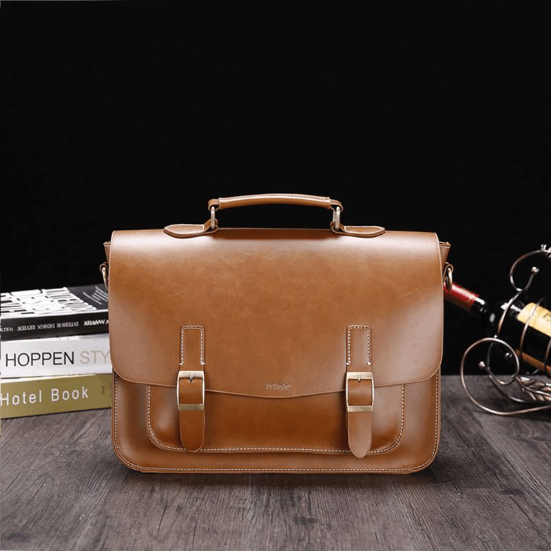 Fashion, accesorii si bijuterii - Barbati - Accesorii barbati - Genti si rucsacuri barbati - Geanta Business din Piele Ecologica Premium, Tip Servieta, cu Doua Catarame Metalice, Maro, 26 cm, 37 cm, 10 cm - Infinity.ro