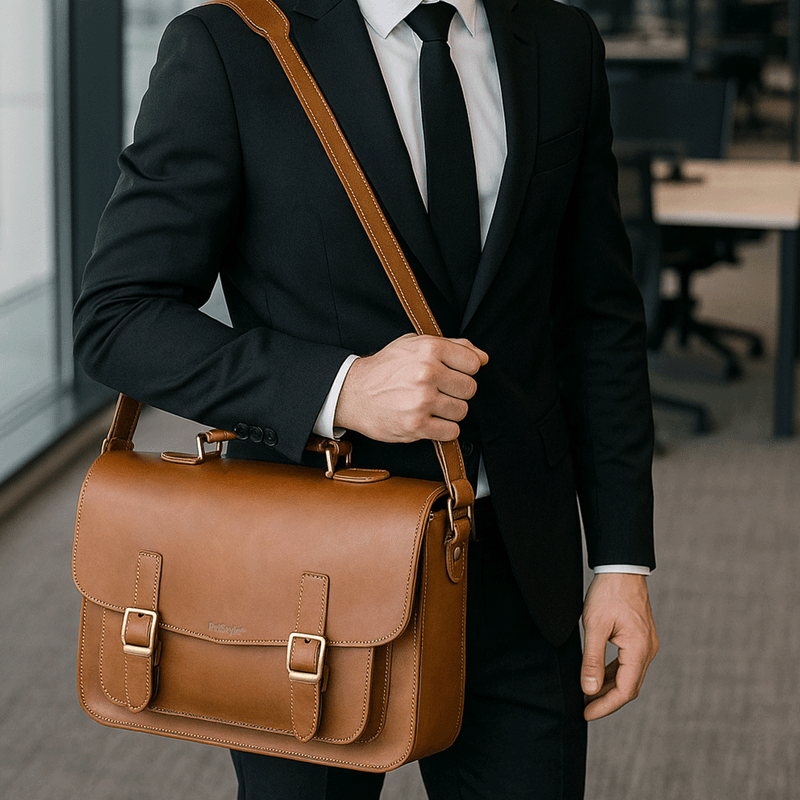 Fashion, accesorii si bijuterii - Barbati - Accesorii barbati - Genti si rucsacuri barbati - Geanta Business din Piele Ecologica Premium, Tip Servieta, cu Doua Catarame Metalice, Maro, 26 cm, 37 cm, 10 cm - Infinity.ro