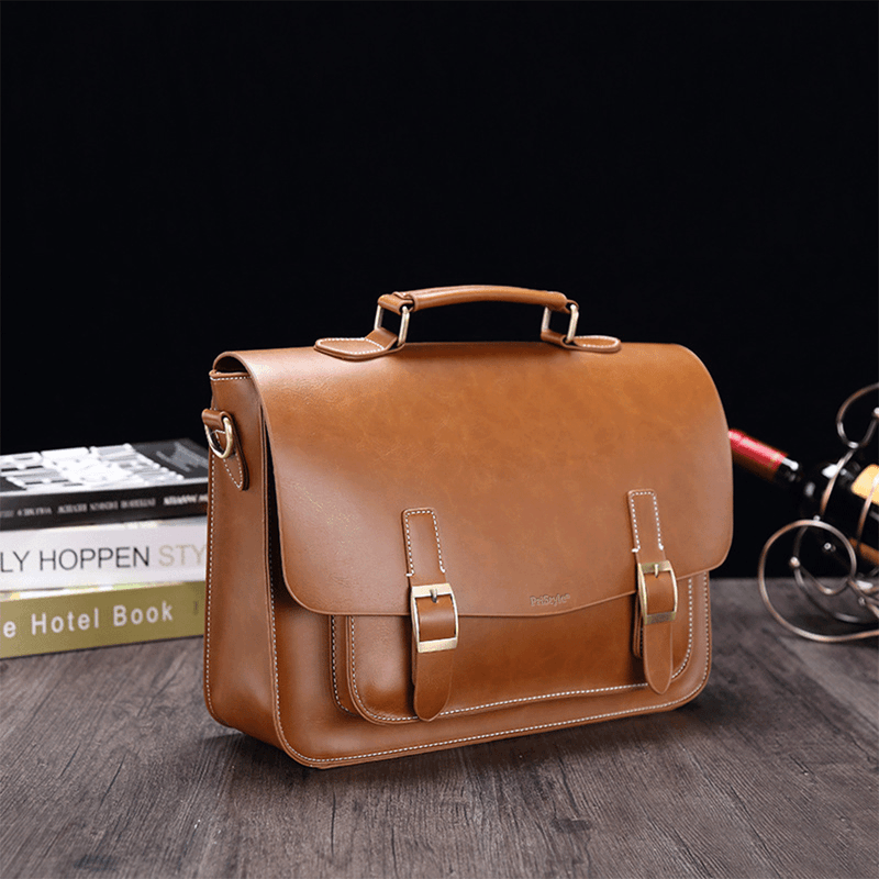 Fashion, accesorii si bijuterii - Barbati - Accesorii barbati - Genti si rucsacuri barbati - Geanta Business din Piele Ecologica Premium, Tip Servieta, cu Doua Catarame Metalice, Maro, 26 cm, 37 cm, 10 cm - Infinity.ro
