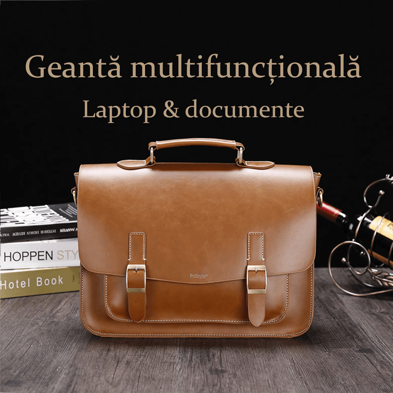 Fashion, accesorii si bijuterii - Barbati - Accesorii barbati - Genti si rucsacuri barbati - Geanta Business din Piele Ecologica Premium, Tip Servieta, cu Doua Catarame Metalice, Maro, 26 cm, 37 cm, 10 cm - Infinity.ro