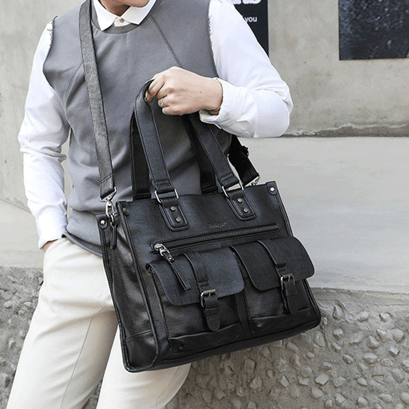 Fashion, accesorii si bijuterii - Barbati - Accesorii barbati - Genti si rucsacuri barbati - Geanta Office, din Piele Naturala Premium, Impermeabila, Neagra, 30 x 40 x 12 cm - Infinity.ro