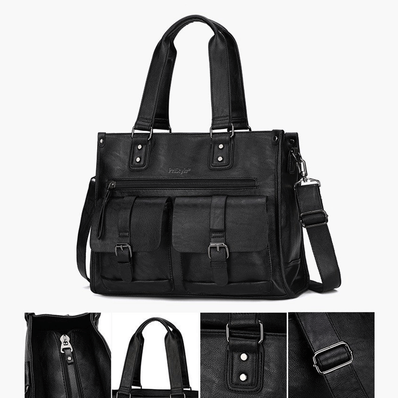 Fashion, accesorii si bijuterii - Barbati - Accesorii barbati - Genti si rucsacuri barbati - Geanta Office, din Piele Ecologica Premium, Impermeabila, Neagra, 30 x 40 x 12 cm - Infinity.ro
