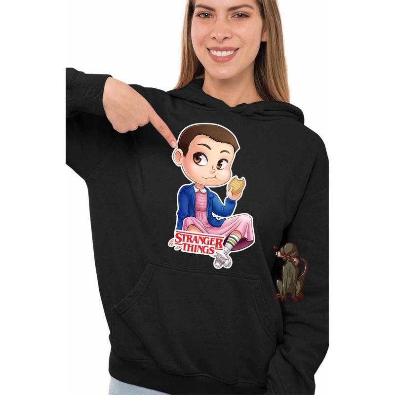 Fashion, accesorii si bijuterii - Femei - Imbracaminte femei - Hanorace femei - Hanorac Femei Stranger Things Jane Eleven Desene Cartoon, negru, marime S - Infinity.ro