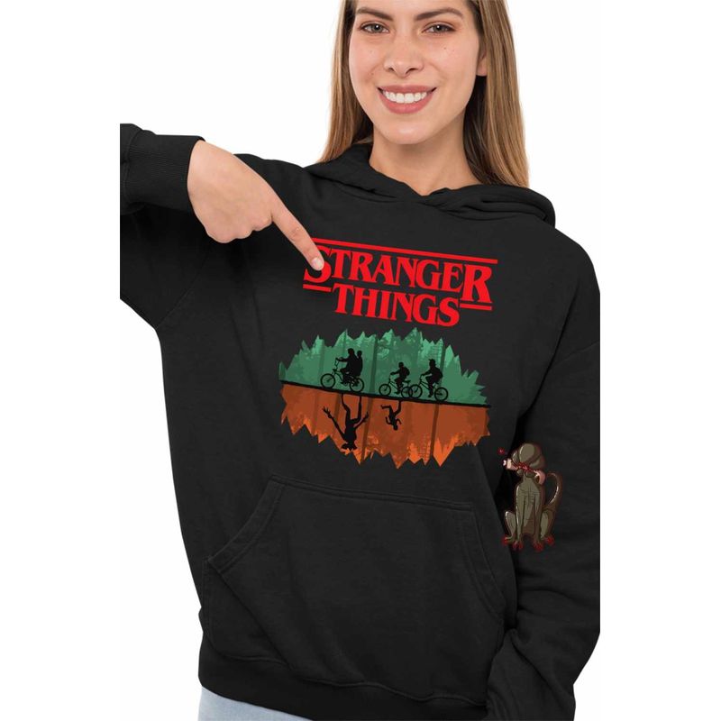 Fashion, accesorii si bijuterii - Femei - Imbracaminte femei - Hanorace femei - Hanorac Femei Stranger Things Padure Bicilete Abis Monstri, negru, marime S - Infinity.ro