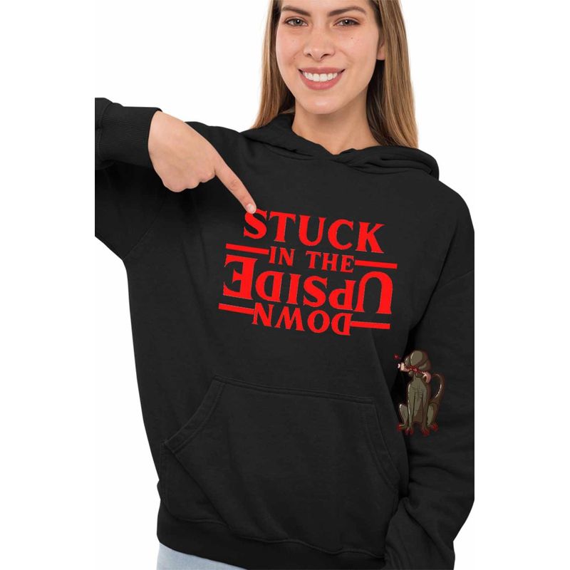 Fashion, accesorii si bijuterii - Femei - Imbracaminte femei - Hanorace femei - Hanorac Femei Stranger Things Stuck in the Upside Down, negru, marime S - Infinity.ro