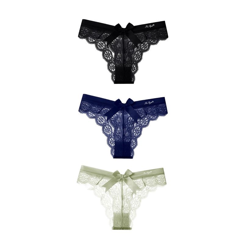 Fashion, accesorii si bijuterii - Femei - Lenjerie si pijamale femei - Lenjerie intima femei - Set 3 Chiloti Dama, cu Dantela si Fundita, tip Tanga, Multifunctional, Negru, Albastru, Verde, Marimea M, PriStyle® - Infinity.ro