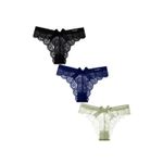 Fashion, accesorii si bijuterii - Femei - Lenjerie si pijamale femei - Lenjerie intima femei - Set 3 Chiloti Dama, cu Dantela si Fundita, tip Tanga, Multifunctional, Negru, Albastru, Verde, Marimea M, PriStyle® - Infinity.ro