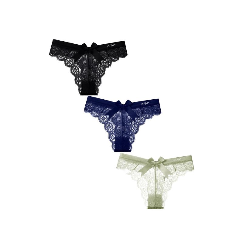 Fashion, accesorii si bijuterii - Femei - Lenjerie si pijamale femei - Lenjerie intima femei - Set 3 Chiloti Dama, cu Dantela si Fundita, tip Tanga, Multifunctional, Negru, Albastru, Verde, Marimea M, PriStyle® - Infinity.ro