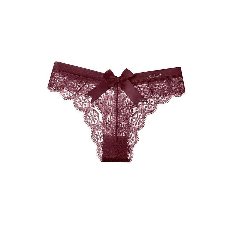 Fashion, accesorii si bijuterii - Femei - Lenjerie si pijamale femei - Lenjerie intima femei - Set 3 Chiloti Dama, cu Dantela si Fundita, Eleganti si Respirabili, tip Tanga, Rosu Vin, Marimea L, PriStyle® - Infinity.ro