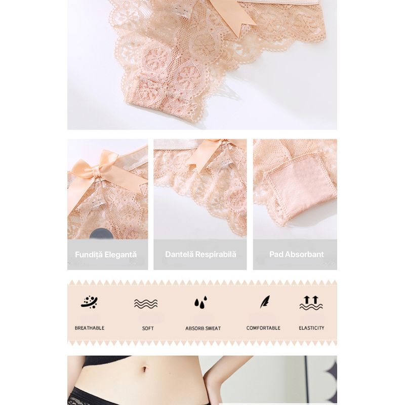 Fashion, accesorii si bijuterii - Femei - Lenjerie si pijamale femei - Lenjerie intima femei - Set 3 Chiloti Dama, cu Dantela si Fundita, Eleganti si Respirabili, tip Tanga, Rosu Vin, Marimea L, PriStyle® - Infinity.ro