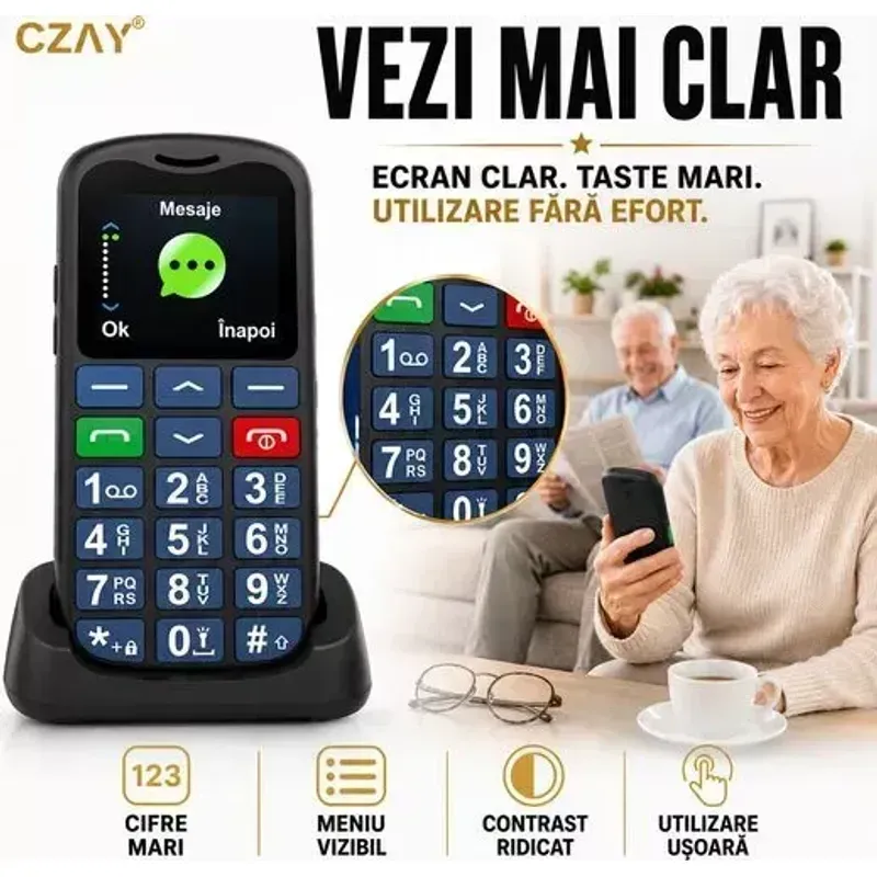 Laptop, Telefoane si Tablete - Telefoane mobile si accesorii - Telefoane Mobile - Telefon Mobil Seniori CZAY®,Taste Mari,Buton SOS pentru Siguranta,Limba Romana si Maghiara,Volum Puternic,Ecran Mare,4G - Infinity.ro
