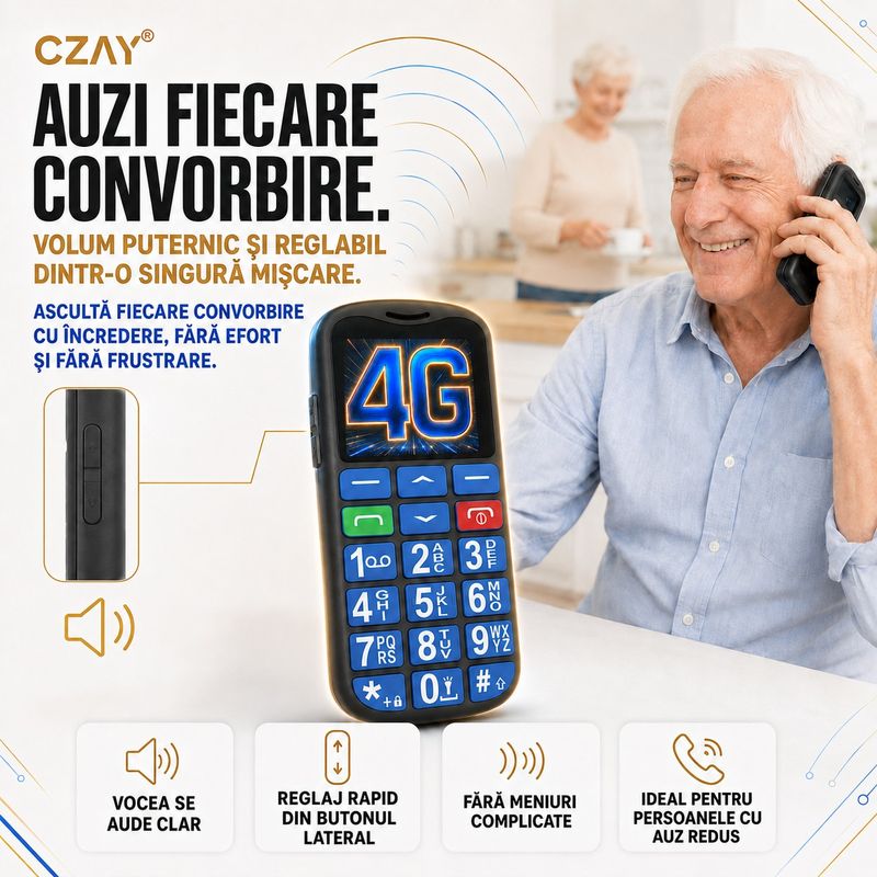 Laptop, Telefoane si Tablete - Telefoane mobile si accesorii - Telefoane Mobile - Telefon Mobil Seniori CZAY®,Taste Mari,Buton SOS pentru Siguranta,Limba Romana si Maghiara,Volum Puternic,Ecran Mare,4G - Infinity.ro
