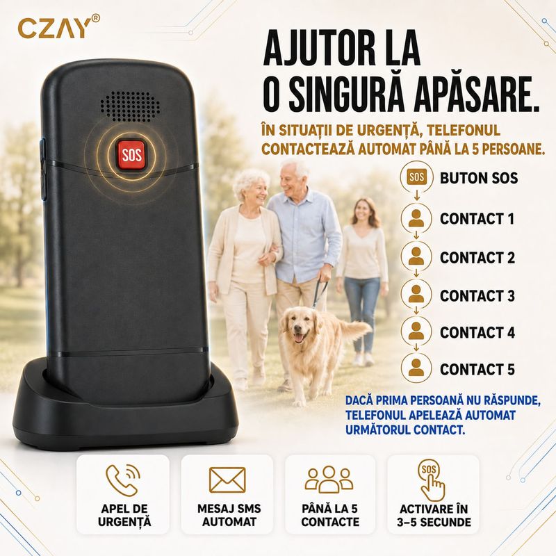 Laptop, Telefoane si Tablete - Telefoane mobile si accesorii - Telefoane Mobile - Telefon Mobil Seniori CZAY®,Taste Mari,Buton SOS pentru Siguranta,Limba Romana si Maghiara,Volum Puternic,Ecran Mare,4G - Infinity.ro