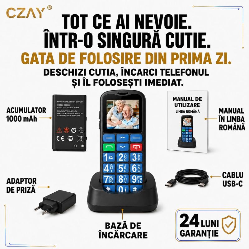 Laptop, Telefoane si Tablete - Telefoane mobile si accesorii - Telefoane Mobile - Telefon Mobil Seniori CZAY®,Taste Mari,Buton SOS pentru Siguranta,Limba Romana si Maghiara,Volum Puternic,Ecran Mare,4G - Infinity.ro