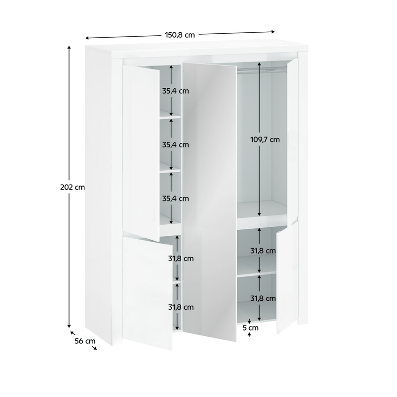 Casa si Gradina - Mobilier - Dulapuri si sifoniere - Dulapuri - Dulap 5D cu oglinda, alb lucios, LINDY - Infinity.ro