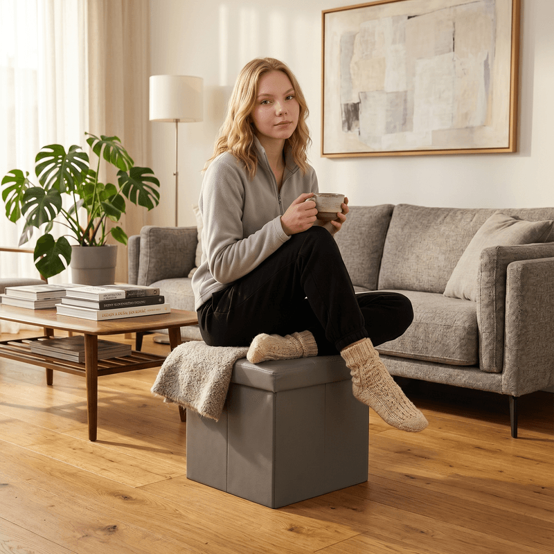 Casa si Gradina - Mobilier - Scaune si fotolii - Tabureti - Taburet pliabil, piele eco gri, TELA NEW - Infinity.ro