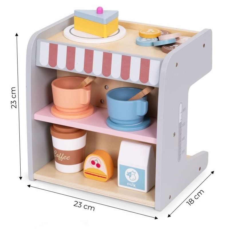 Jucarii, Copii si Bebe - Jucarii si jocuri - Jucarii de rol - Bucatarii copii - Aparat de cafea Ecotoys, lemn, 2 in 1, set barista, 26 accesorii, multicolor KID007264 - Infinity.ro