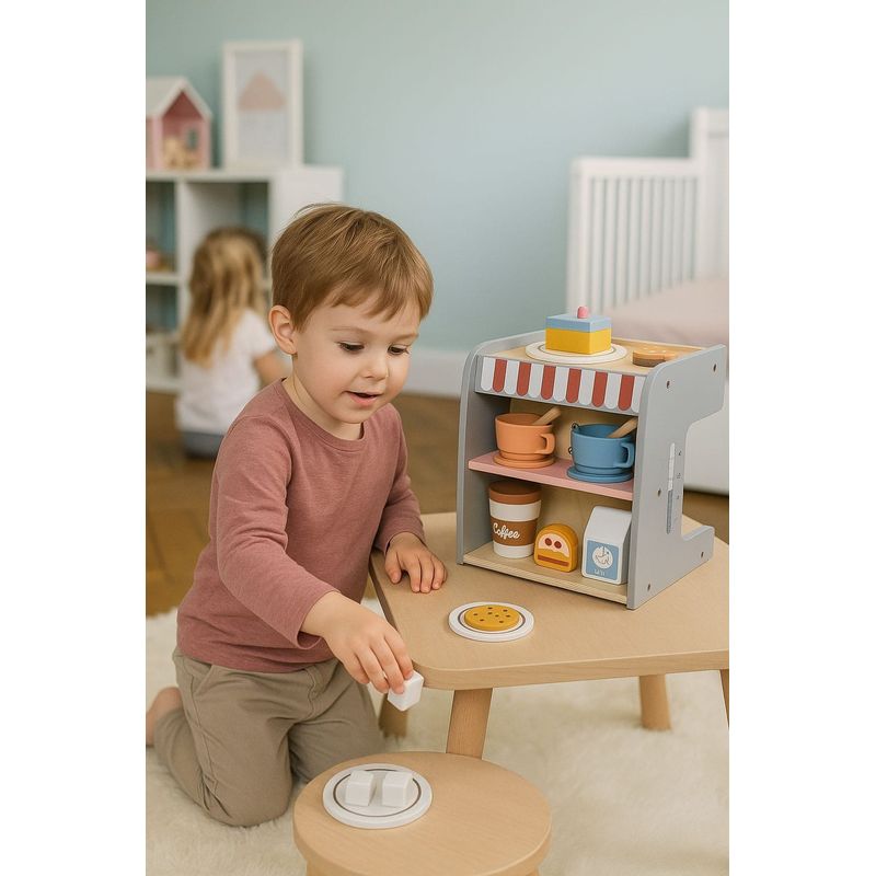 Jucarii, Copii si Bebe - Jucarii si jocuri - Jucarii de rol - Bucatarii copii - Aparat de cafea Ecotoys, lemn, 2 in 1, set barista, 26 accesorii, multicolor KID007264 - Infinity.ro