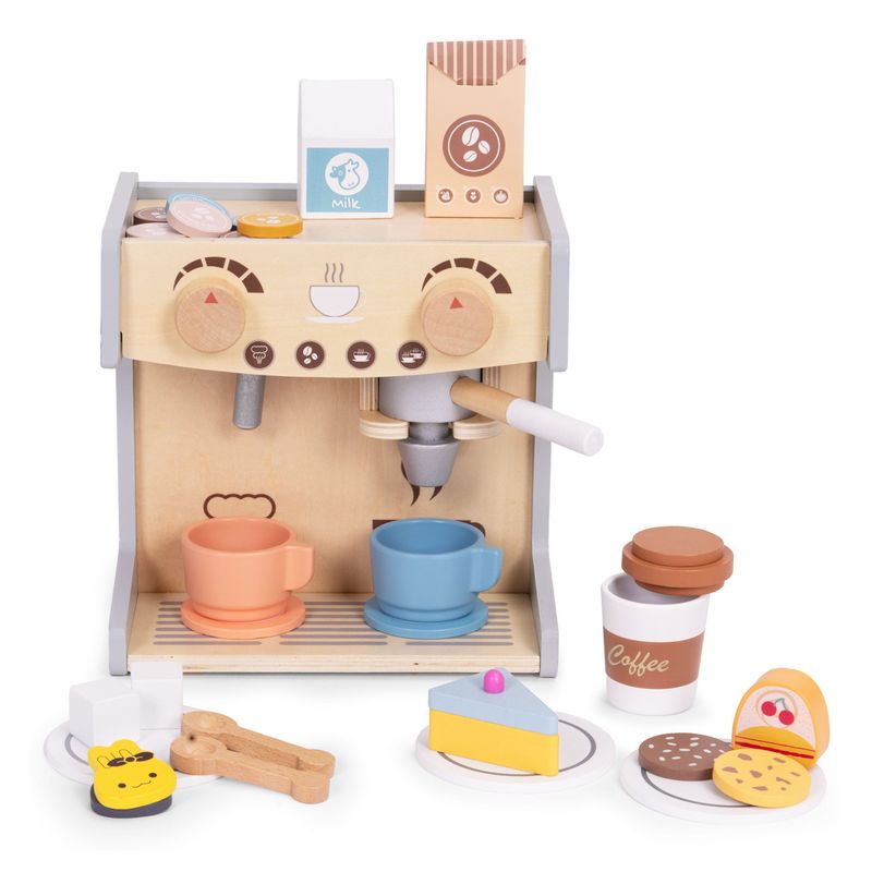 Jucarii, Copii si Bebe - Jucarii si jocuri - Jucarii de rol - Bucatarii copii - Aparat de cafea Ecotoys, lemn, 2 in 1, set barista, 26 accesorii, multicolor KID007264 - Infinity.ro