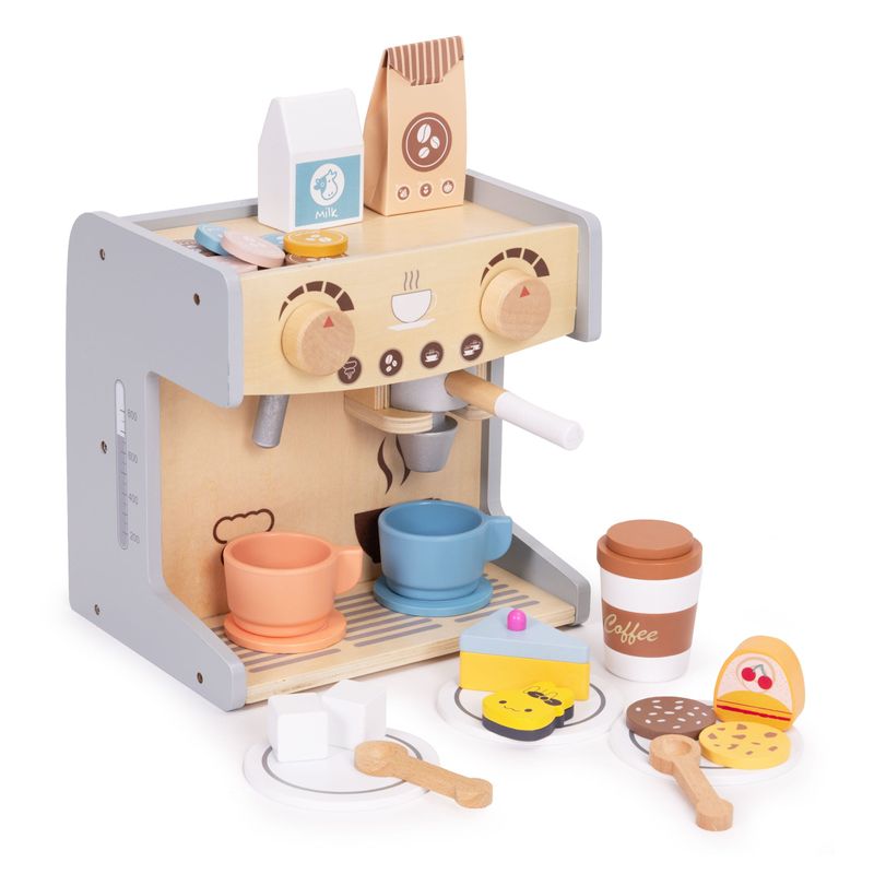 Jucarii, Copii si Bebe - Jucarii si jocuri - Jucarii de rol - Bucatarii copii - Aparat de cafea Ecotoys, lemn, 2 in 1, set barista, 26 accesorii, multicolor KID007264 - Infinity.ro