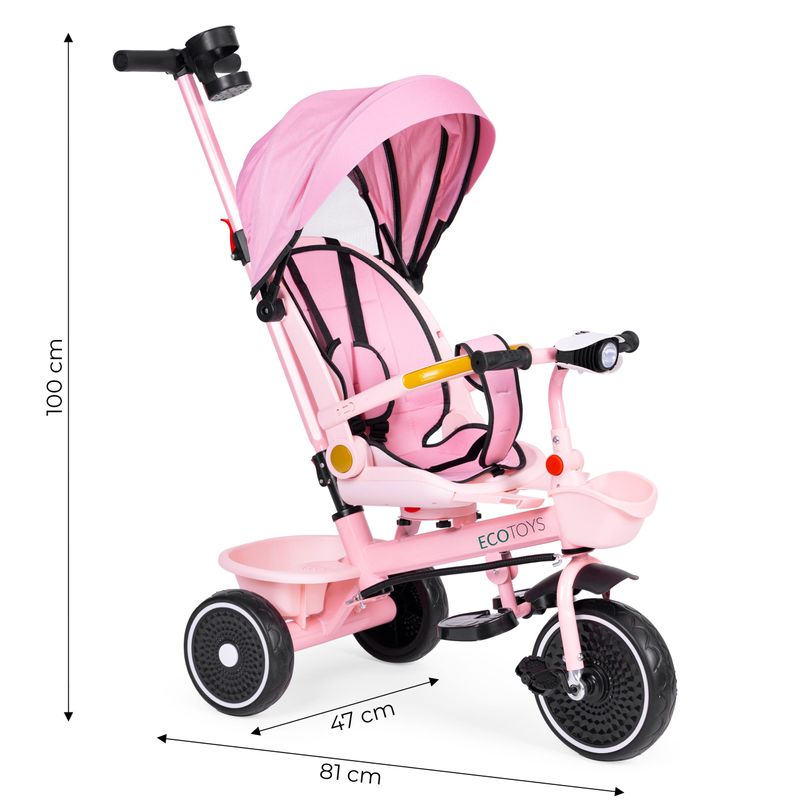 Jucarii, Copii si Bebe - Jucarii si jocuri - Jucarii de exterior - Triciclete - Tricicleta Ecotoys, 2 in 1, scaun rotativ, melodi si lumini, copertina, roz KID005932 - Infinity.ro