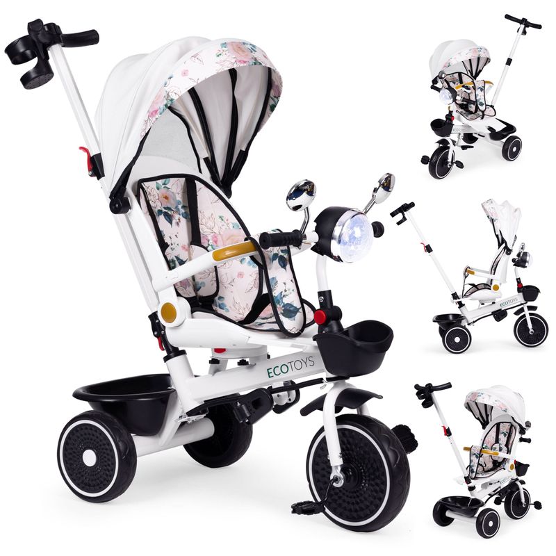 Jucarii, Copii si Bebe - Jucarii si jocuri - Jucarii de exterior - Triciclete - Tricicleta Ecotoys, maner paternal, scaun reversibil, copertina, alb KID005949 - Infinity.ro
