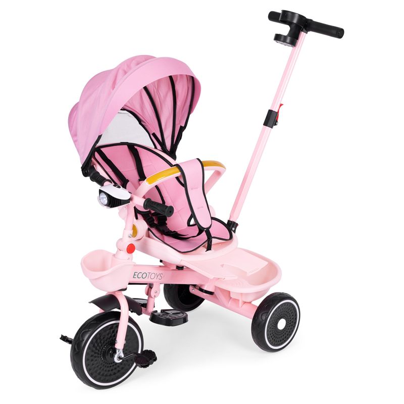 Jucarii, Copii si Bebe - Jucarii si jocuri - Jucarii de exterior - Triciclete - Tricicleta Ecotoys, 2 in 1, scaun rotativ, melodi si lumini, copertina, roz KID005932 - Infinity.ro