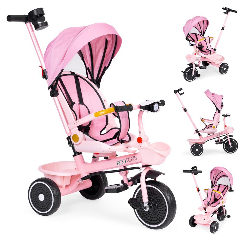 Jucarii, Copii si Bebe - Jucarii si jocuri - Jucarii de exterior - Triciclete - Tricicleta Ecotoys, 2 in 1, scaun rotativ, melodi si lumini, copertina, roz KID005932 - Infinity.ro