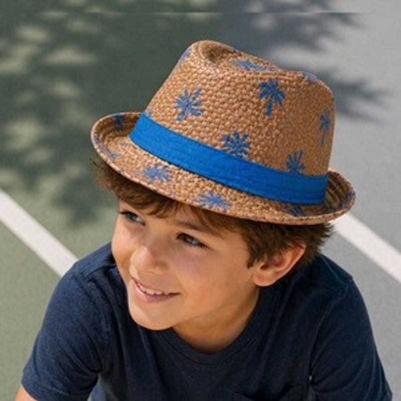 Fashion, accesorii si bijuterii - Copii - Accesorii copii - Caciuli si palarii copii - Palarie Fedora Bej cu Palmieri Albastri pentru Copii - Infinity.ro