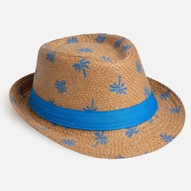 Fashion, accesorii si bijuterii - Copii - Accesorii copii - Caciuli si palarii copii - Palarie Fedora Bej cu Palmieri Albastri pentru Copii - Infinity.ro