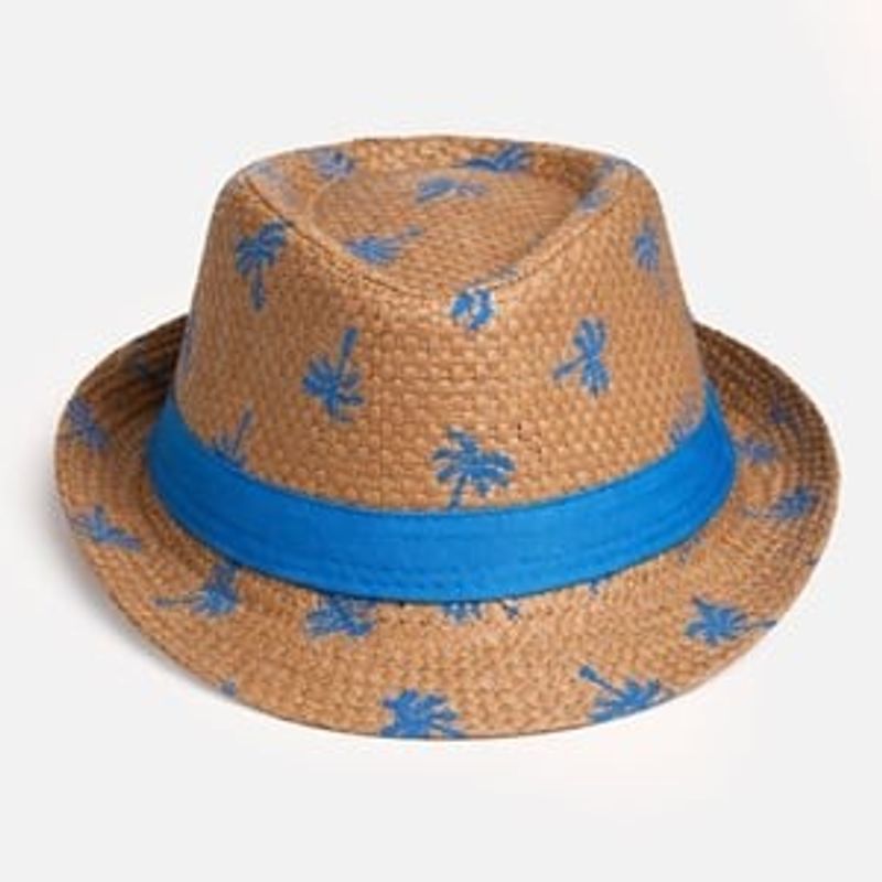 Fashion, accesorii si bijuterii - Copii - Accesorii copii - Caciuli si palarii copii - Palarie Fedora Bej cu Palmieri Albastri pentru Copii - Infinity.ro