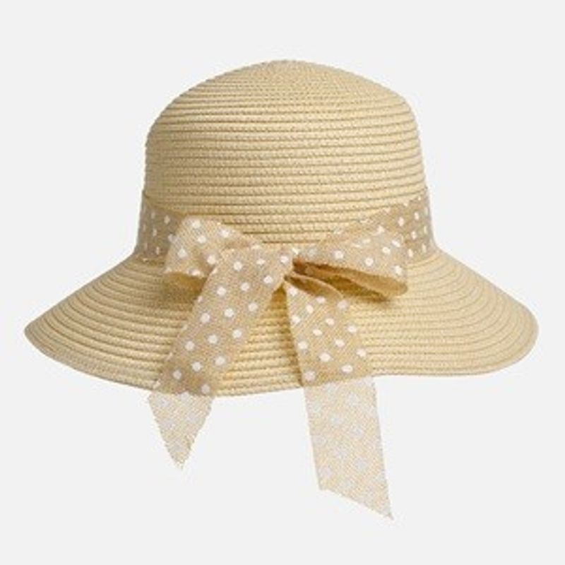 Fashion, accesorii si bijuterii - Femei - Accesorii femei - Caciuli si palarii femei - Palarie de paie ecru cu panglica cu buline si funda pentru femei - Infinity.ro