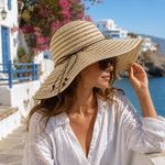 Fashion, accesorii si bijuterii - Femei - Accesorii femei - Caciuli si palarii femei - Palarie de Soare cu Bor Larg, Dungi Ecru si Maro, pentru Femei - Infinity.ro