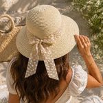 Fashion, accesorii si bijuterii - Femei - Accesorii femei - Caciuli si palarii femei - Palarie de paie ecru cu panglica cu buline si funda pentru femei - Infinity.ro
