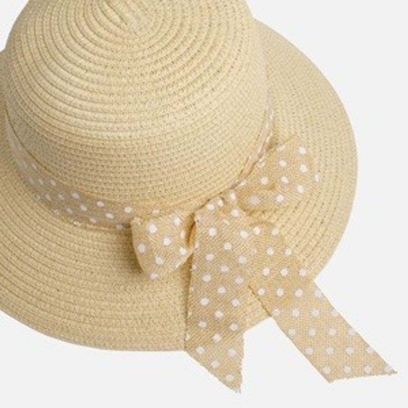 Fashion, accesorii si bijuterii - Femei - Accesorii femei - Caciuli si palarii femei - Palarie de paie ecru cu panglica cu buline si funda pentru femei - Infinity.ro