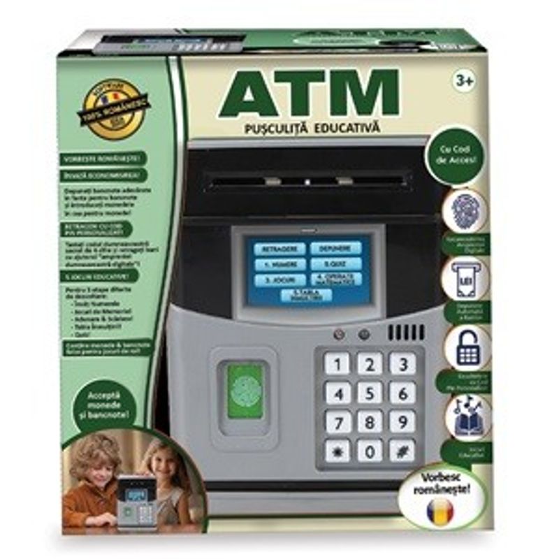 Carti si Birotica - Birotica - Accesorii de birou - Pusculite - Pusculita Educativa ATM cu Cod PIN si Amprenta Digitala, Gri, 3+ - Infinity.ro