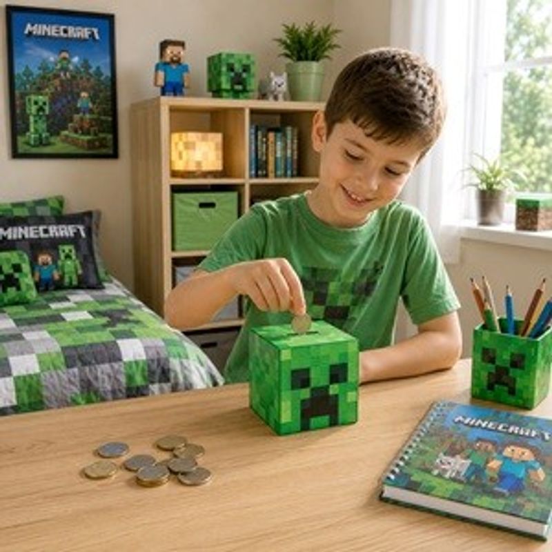 Carti si Birotica - Birotica - Accesorii de birou - Pusculite - Pusculita patrata din plastic, 12x12x12 cm, verde, model Minecraft - Infinity.ro