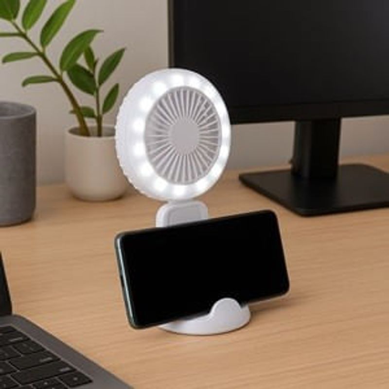 Electronice si Electrocasnice - Climatizare si sisteme de incalzire - Aparate racire aer - Ventilatoare - Ventilator mini reincarcabil cu LED si suport telefon, 21 cm, Alb - Infinity.ro