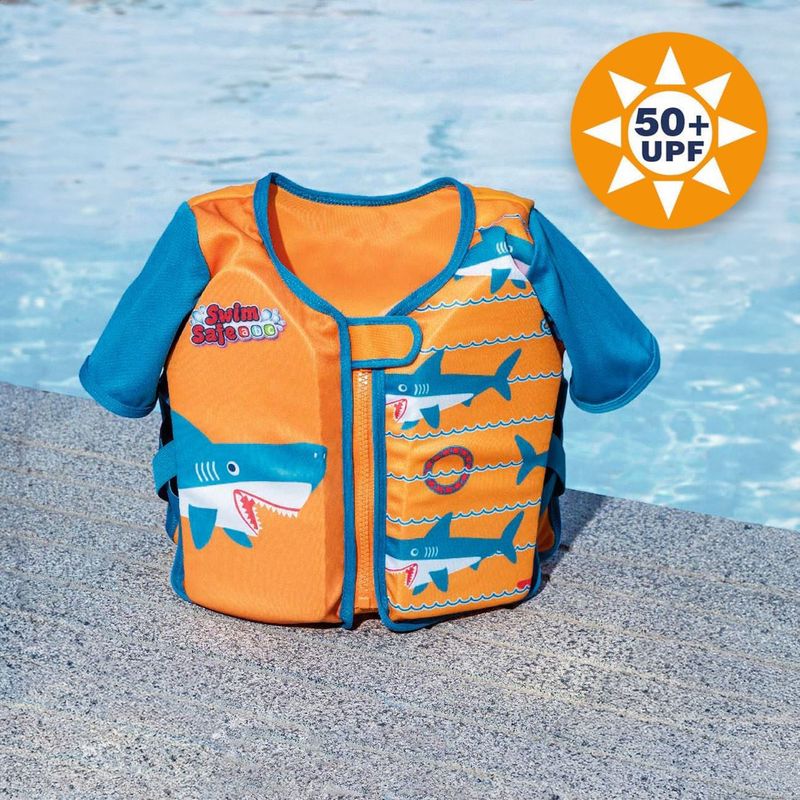Jucarii, Copii si Bebe - Jucarii si jocuri - Jucarii de exterior - Colaci, ochelari si accesorii inot copii - Vesta de inot cu maneci din spuma, model rechin, pentru copii 3-6 ani (19-30 kg), portocalie - Infinity.ro