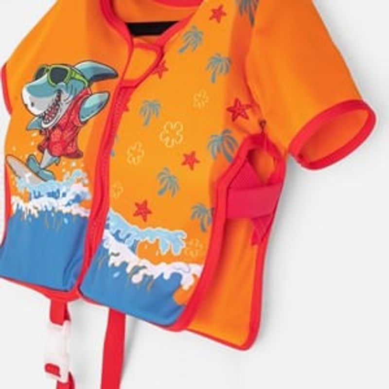 Jucarii, Copii si Bebe - Jucarii si jocuri - Jucarii de exterior - Colaci, ochelari si accesorii inot copii - Vesta de inot cu maneci din spuma, model rechin, pentru copii 3-6 ani (19-30 kg), portocalie - Infinity.ro