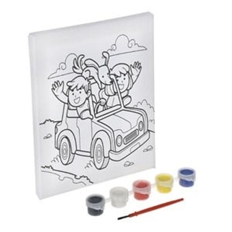 Jucarii, Copii si Bebe - Jucarii si jocuri - Jucarii & jocuri educative - Seturi pictura si desen - Set Pictura pe Panza cu Desen Preimprimat, Masina, 15x20cm, 5 Culori Acrilice si Pensula - Infinity.ro